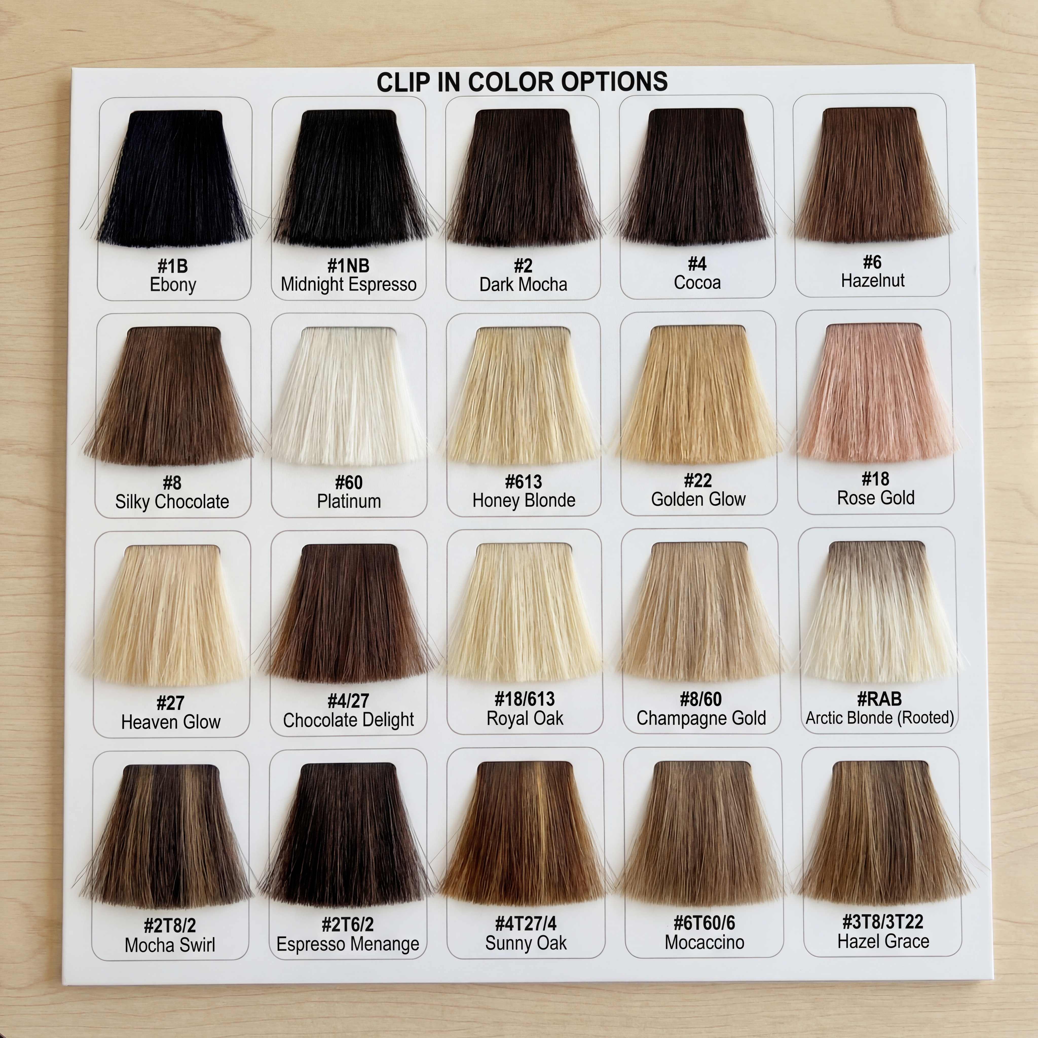 Clip-in color reference chart showing all available shades