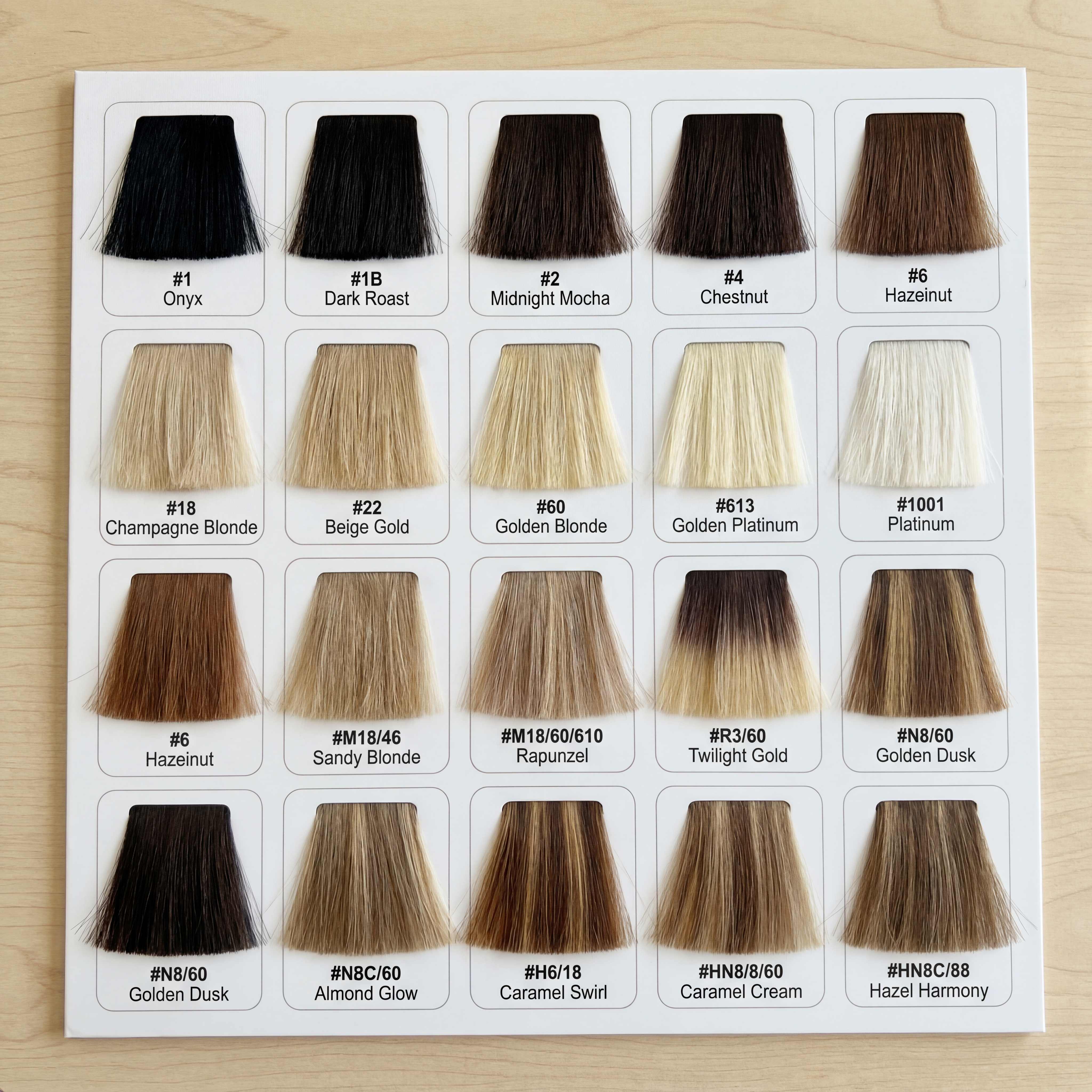 Hair color reference chart showing all available shades